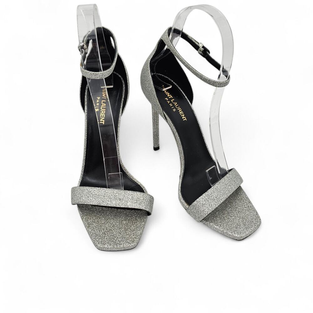 Saint Laurent Amber Stiletto Heel Sandal Silver Glitter Sparkle Size 38.5 US 8.5
